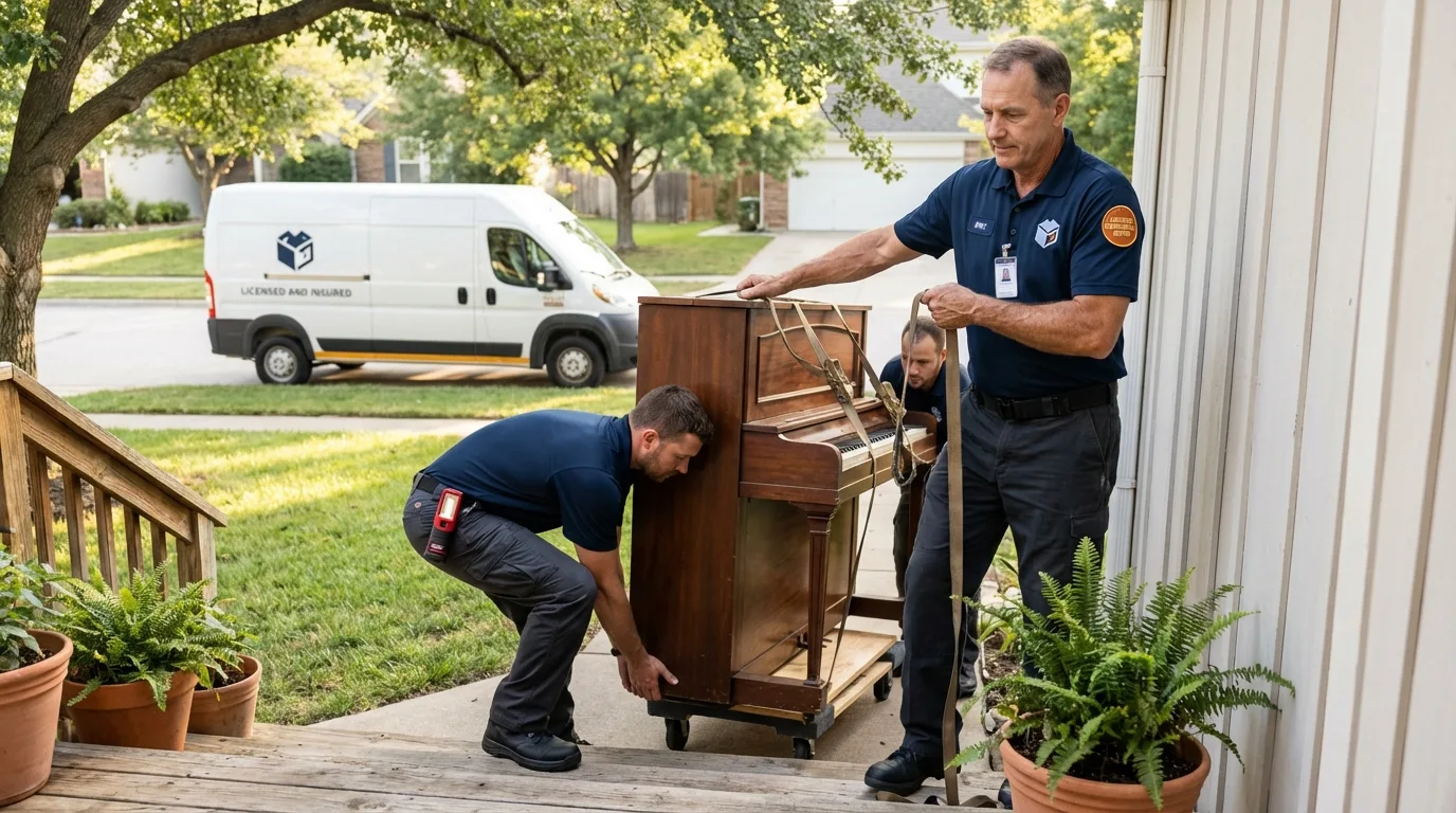 Licensed piano movers securing grand piano in Fayetteville, TN