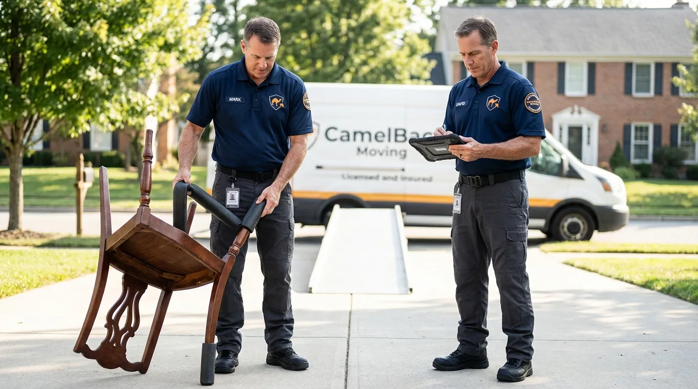 Movers inspecting furniture for damage prevention before loading in Fayetteville, TN