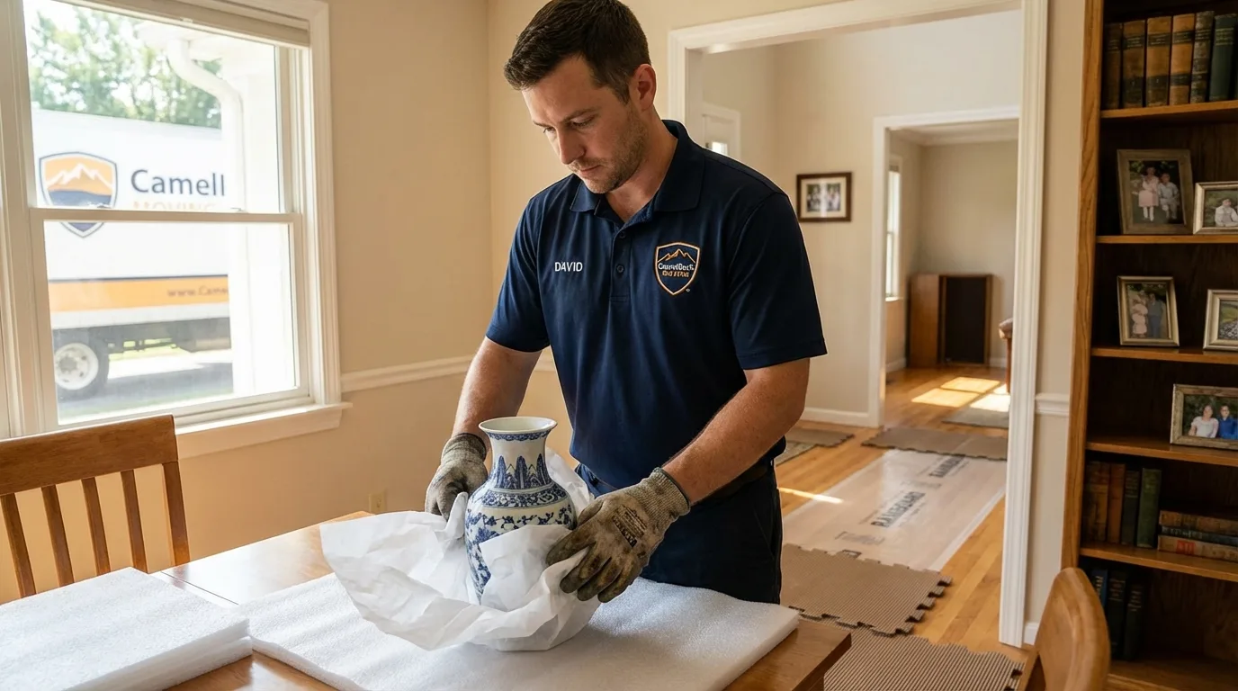 Professional crew carefully wrapping antique vase for senior downsizing move in Fayetteville, TN